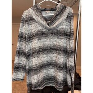 Talbots XL Sweater Shirt Cowl Neck Black Gray Stripe Long Sleeve Lightweight